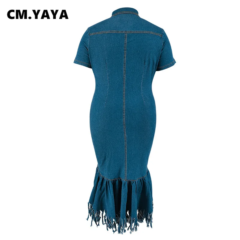 CM.YAYA Plus Size Women Short Sleeve Tassel Zip Elegant Denim Jean long Dress 2024 Summer Night Club Casual Streetwear Dresses