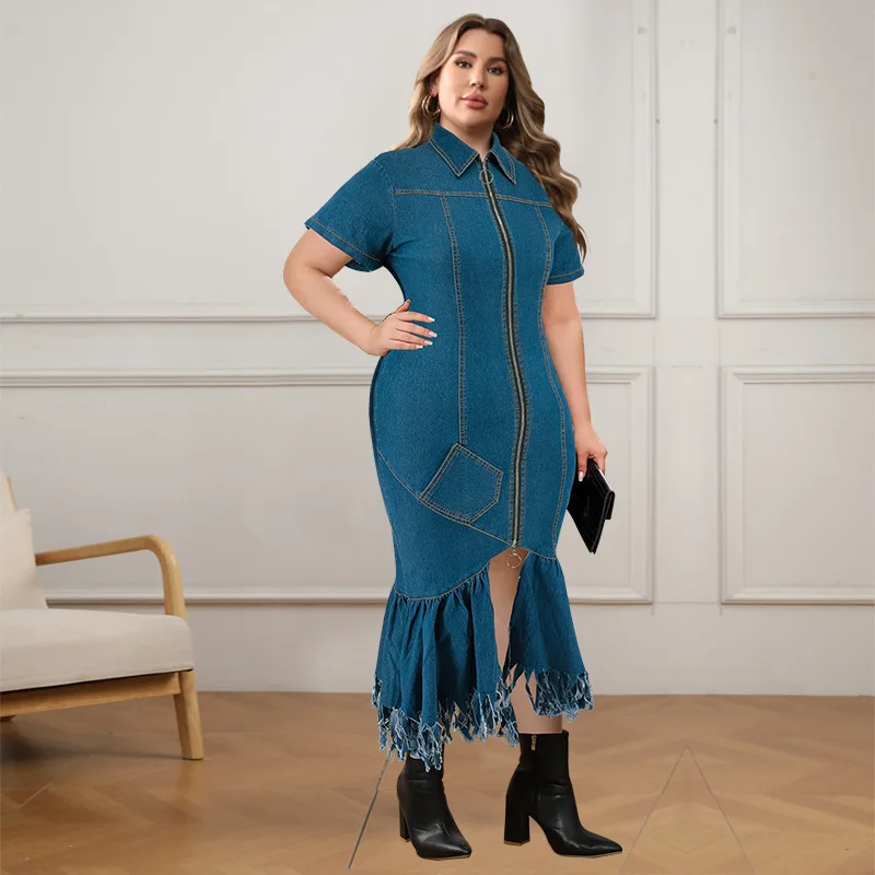 CM.YAYA Plus Size Women Short Sleeve Tassel Zip Elegant Denim Jean long Dress 2024 Summer Night Club Casual Streetwear Dresses