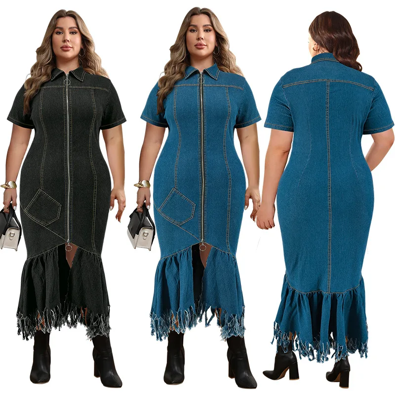 CM.YAYA Plus Size Women Short Sleeve Tassel Zip Elegant Denim Jean long Dress 2024 Summer Night Club Casual Streetwear Dresses