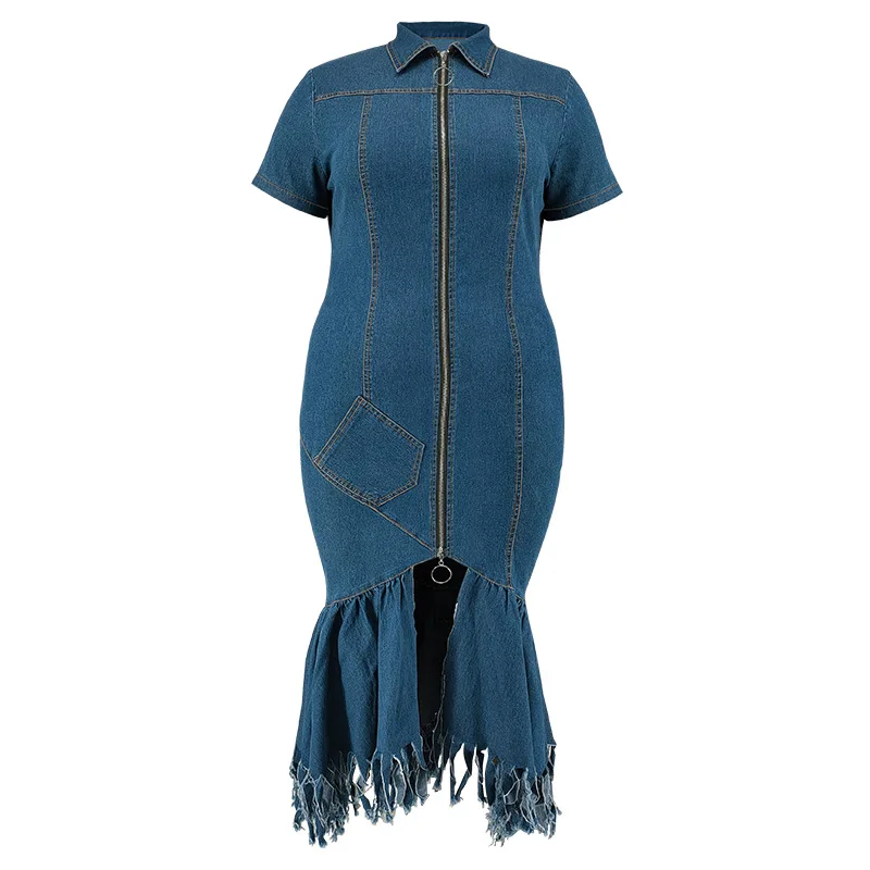 CM.YAYA Plus Size Women Short Sleeve Tassel Zip Elegant Denim Jean long Dress 2024 Summer Night Club Casual Streetwear Dresses