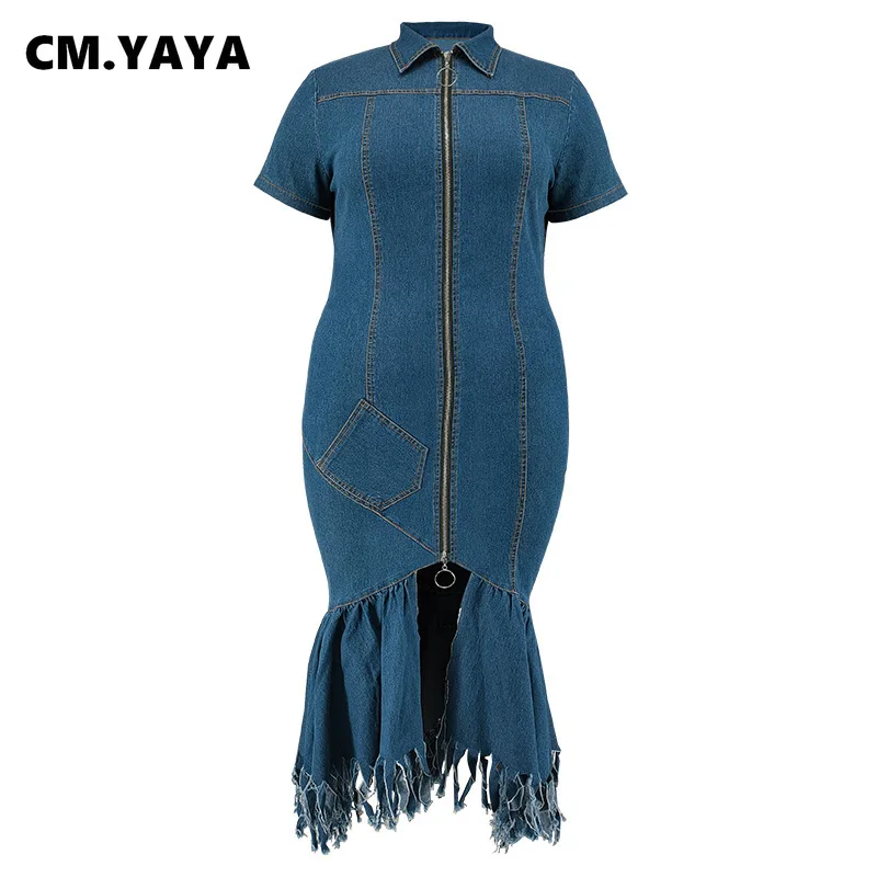 CM.YAYA Plus Size Women Short Sleeve Tassel Zip Elegant Denim Jean long Dress 2024 Summer Night Club Casual Streetwear Dresses