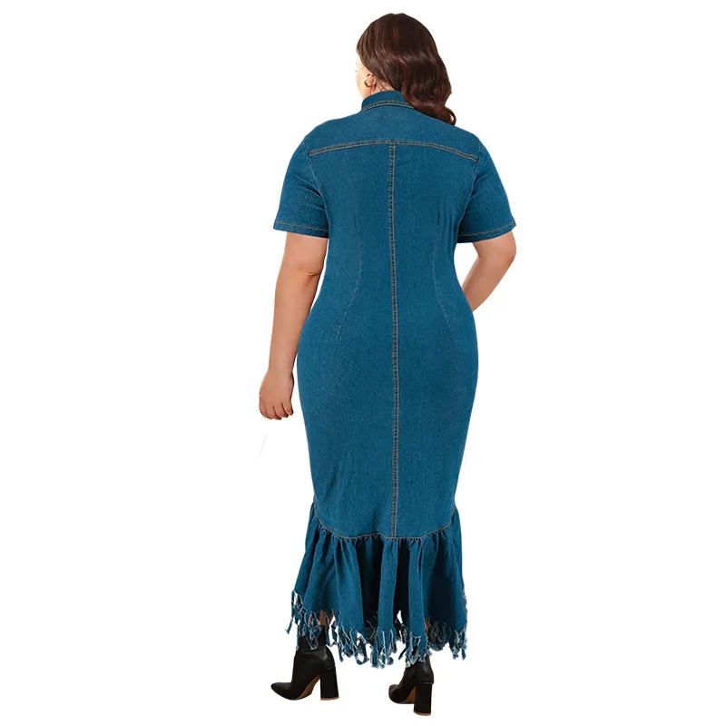 CM.YAYA Plus Size Women Short Sleeve Tassel Zip Elegant Denim Jean long Dress 2024 Summer Night Club Casual Streetwear Dresses
