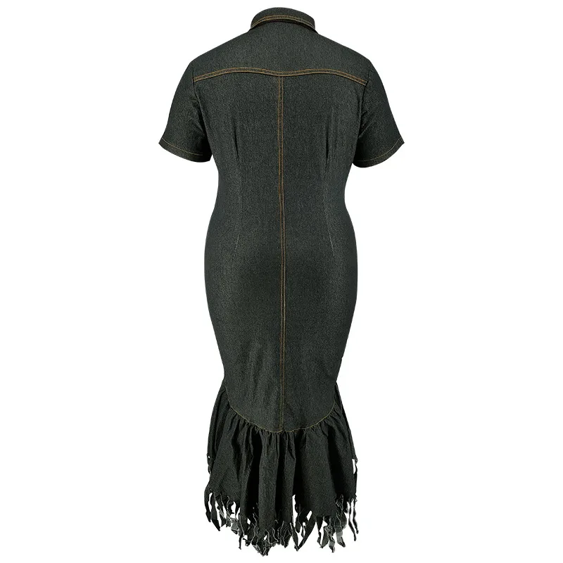 CM.YAYA Plus Size Women Short Sleeve Tassel Zip Elegant Denim Jean long Dress 2024 Summer Night Club Casual Streetwear Dresses CM.YAYA Plus Size Women Short Sleeve Tassel Zip Elegant Denim Jean long Dress 2024 Summer Night Club Casual Streetwear Dresses