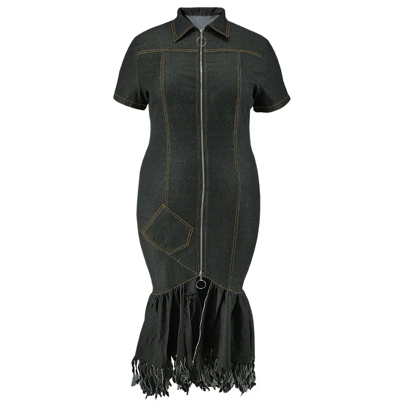CM.YAYA Plus Size Women Short Sleeve Tassel Zip Elegant Denim Jean long Dress 2024 Summer Night Club Casual Streetwear Dresses