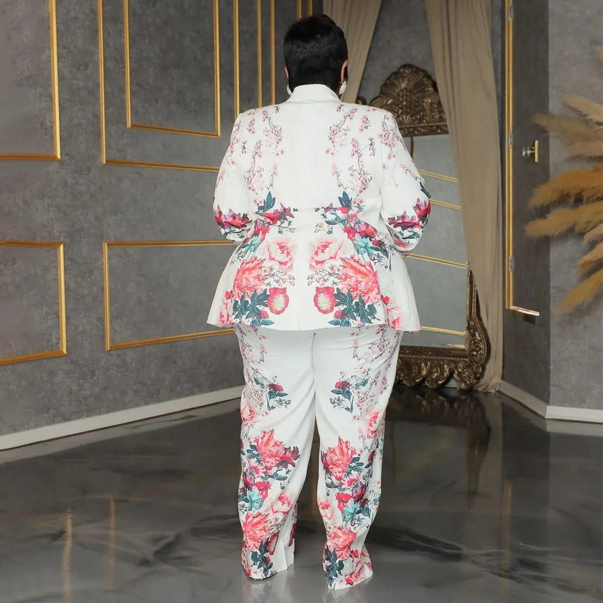 CM.YAYA Plus Size Women's Set Long Sleeve Floral Print Blazer +Wide Leg Pants Suit 2024 Fall Two 2 Piece Set Outfits Tracksuit