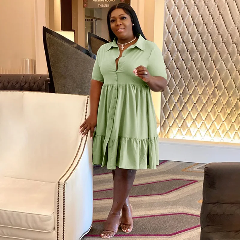 CM.YAYA Plus Size Women Short Sleeve Single Breasted Ruffles Hem Big Swing Smock Shirt Dress 2022 Summer Elegant Orange Dresses