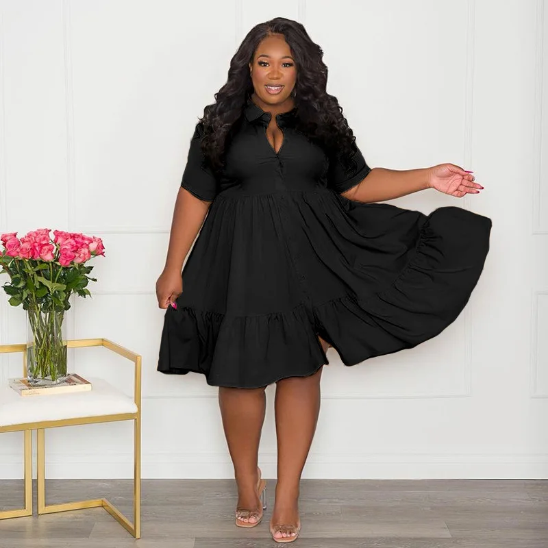 CM.YAYA Plus Size Women Short Sleeve Single Breasted Ruffles Hem Big Swing Smock Shirt Dress 2022 Summer Elegant Orange Dresses
