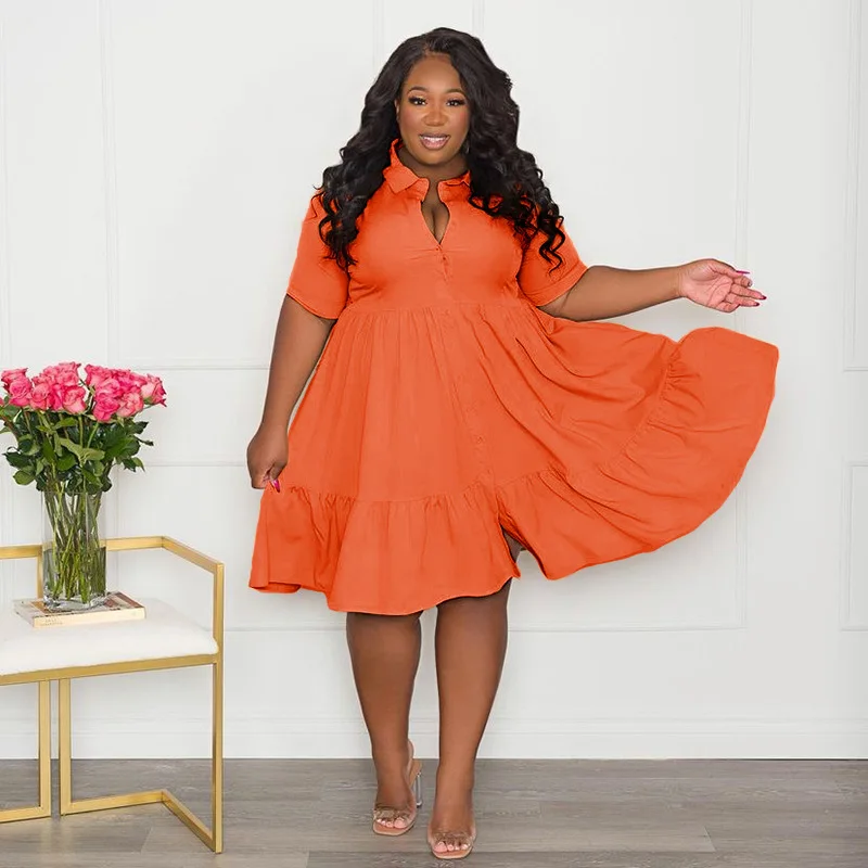 CM.YAYA Plus Size Women Short Sleeve Single Breasted Ruffles Hem Big Swing Smock Shirt Dress 2022 Summer Elegant Orange Dresses