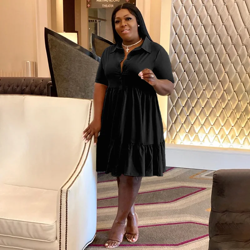 CM.YAYA Plus Size Women Short Sleeve Single Breasted Ruffles Hem Big Swing Smock Shirt Dress 2022 Summer Elegant Orange Dresses