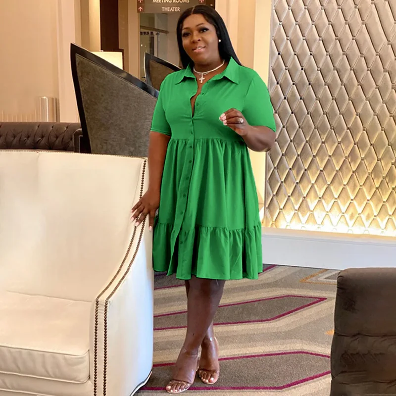CM.YAYA Plus Size Women Short Sleeve Single Breasted Ruffles Hem Big Swing Smock Shirt Dress 2022 Summer Elegant Orange Dresses