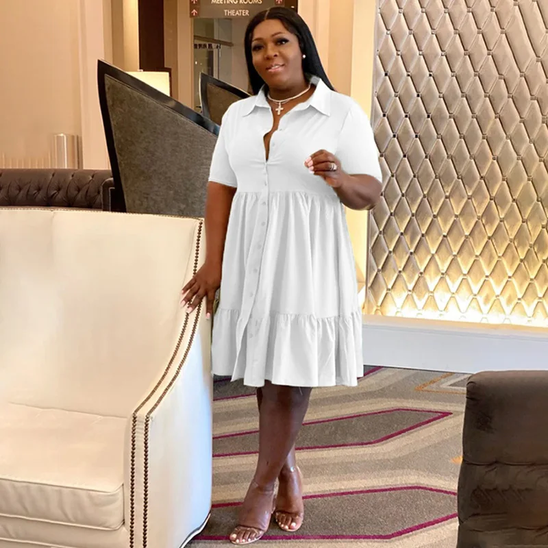 CM.YAYA Plus Size Women Short Sleeve Single Breasted Ruffles Hem Big Swing Smock Shirt Dress 2022 Summer Elegant Orange Dresses