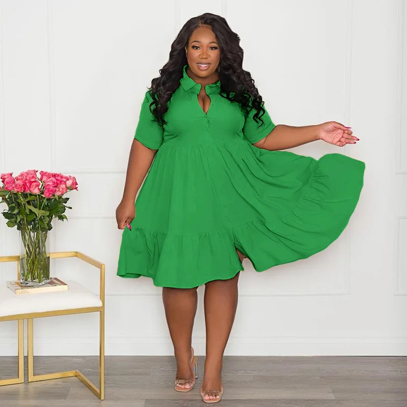 CM.YAYA Plus Size Women Short Sleeve Single Breasted Ruffles Hem Big Swing Smock Shirt Dress 2022 Summer Elegant Orange Dresses