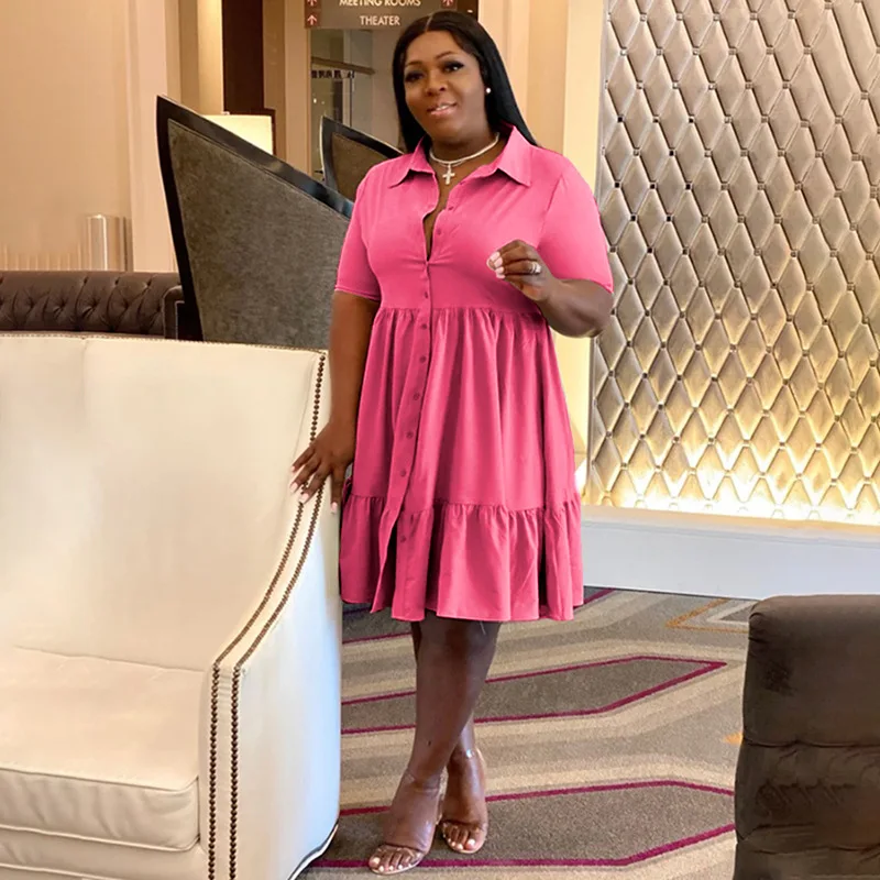 CM.YAYA Plus Size Women Short Sleeve Single Breasted Ruffles Hem Big Swing Smock Shirt Dress 2022 Summer Elegant Orange Dresses