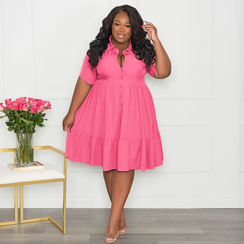 CM.YAYA Plus Size Women Short Sleeve Single Breasted Ruffles Hem Big Swing Smock Shirt Dress 2022 Summer Elegant Orange Dresses