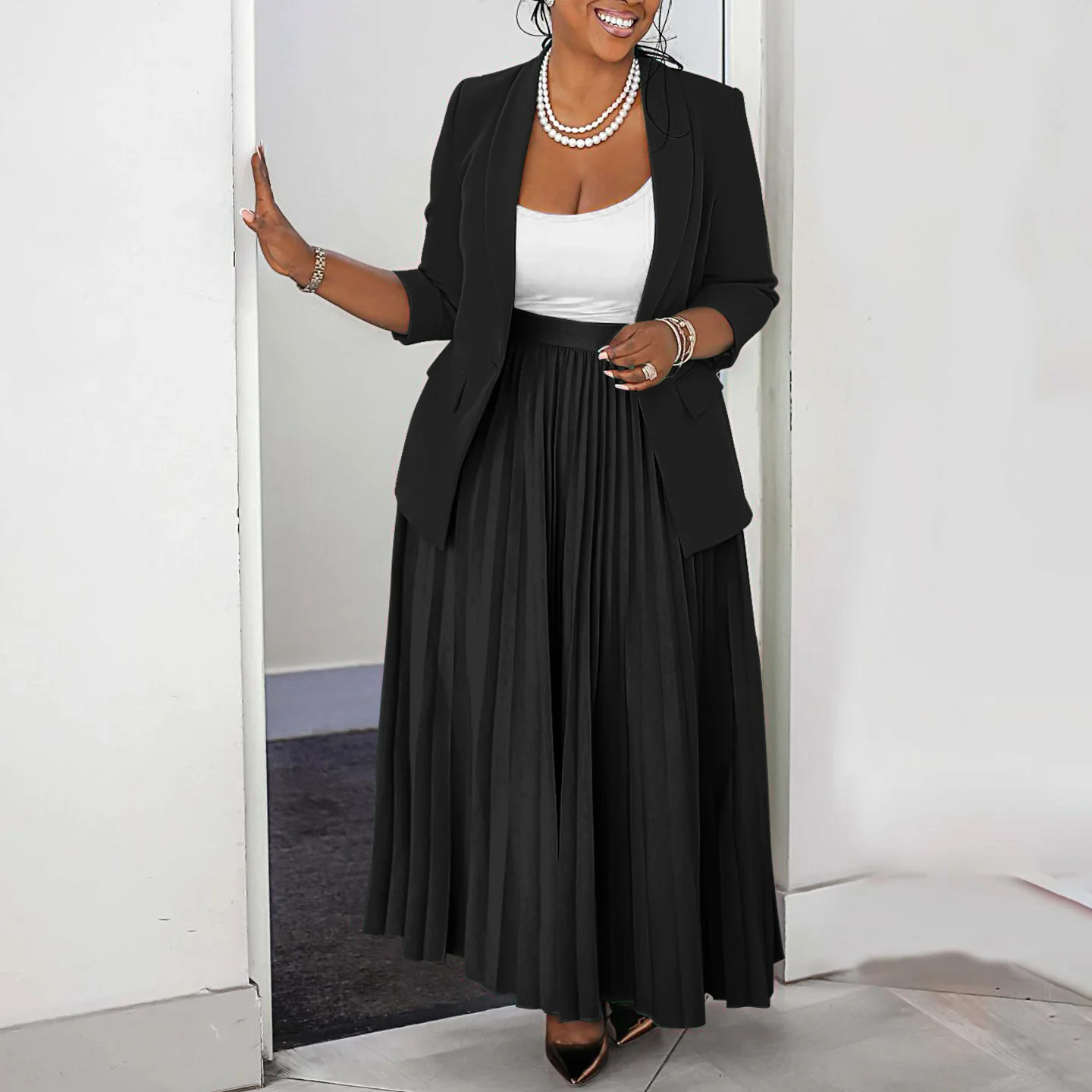 CM.YAYA Fashion Plus Size Women's Set Full Sleeve Blazer and Pleated Long Skirts 2024 Winter Two 2 Piece Set Outfits Tracksuit CM.YAYA Fashion Plus Size Women's Set Full Sleeve Blazer and Pleated Long Skirts 2024 Winter Two 2 Piece Set Outfits Tracksuit