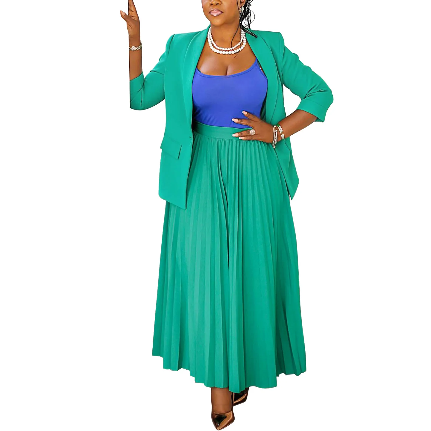CM.YAYA Fashion Plus Size Women's Set Full Sleeve Blazer and Pleated Long Skirts 2024 Winter Two 2 Piece Set Outfits Tracksuit CM.YAYA Fashion Plus Size Women's Set Full Sleeve Blazer and Pleated Long Skirts 2024 Winter Two 2 Piece Set Outfits Tracksuit