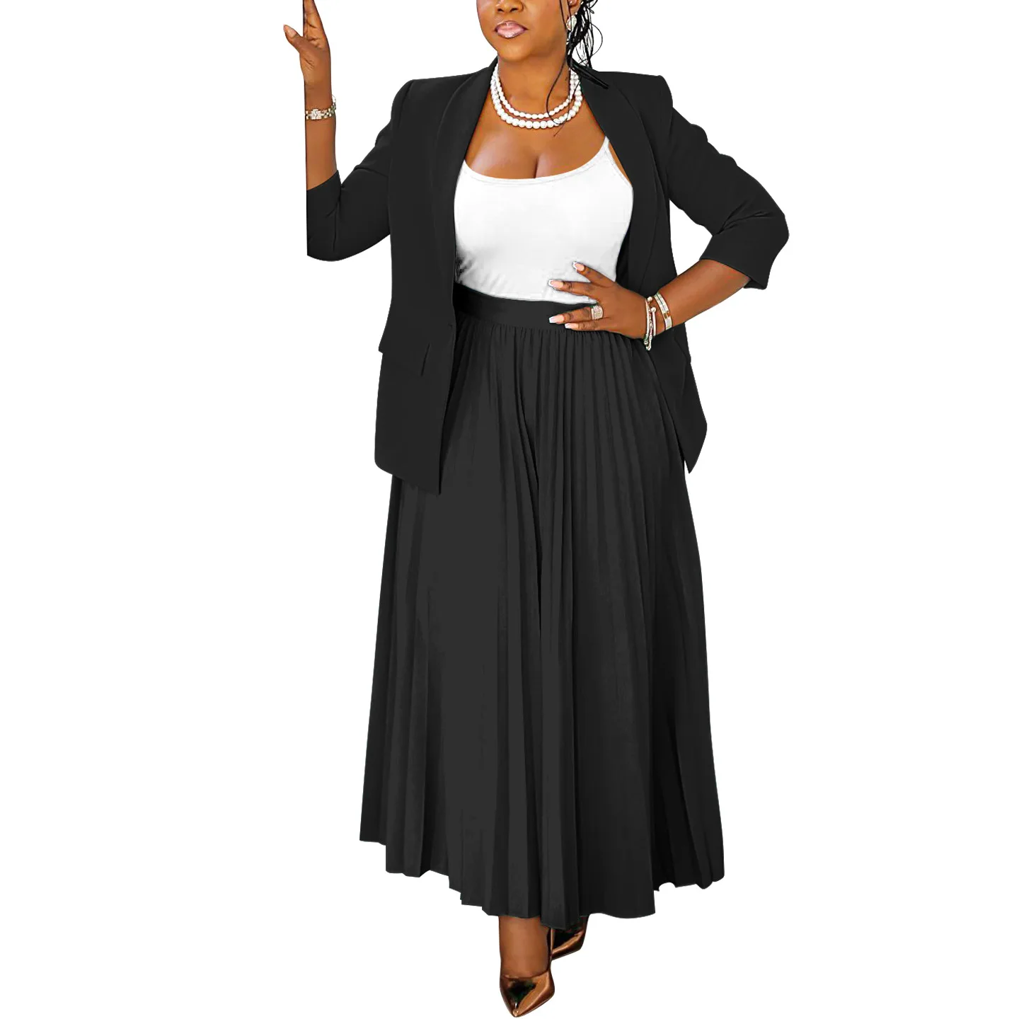 CM.YAYA Fashion Plus Size Women's Set Full Sleeve Blazer and Pleated Long Skirts 2024 Winter Two 2 Piece Set Outfits Tracksuit CM.YAYA Fashion Plus Size Women's Set Full Sleeve Blazer and Pleated Long Skirts 2024 Winter Two 2 Piece Set Outfits Tracksuit