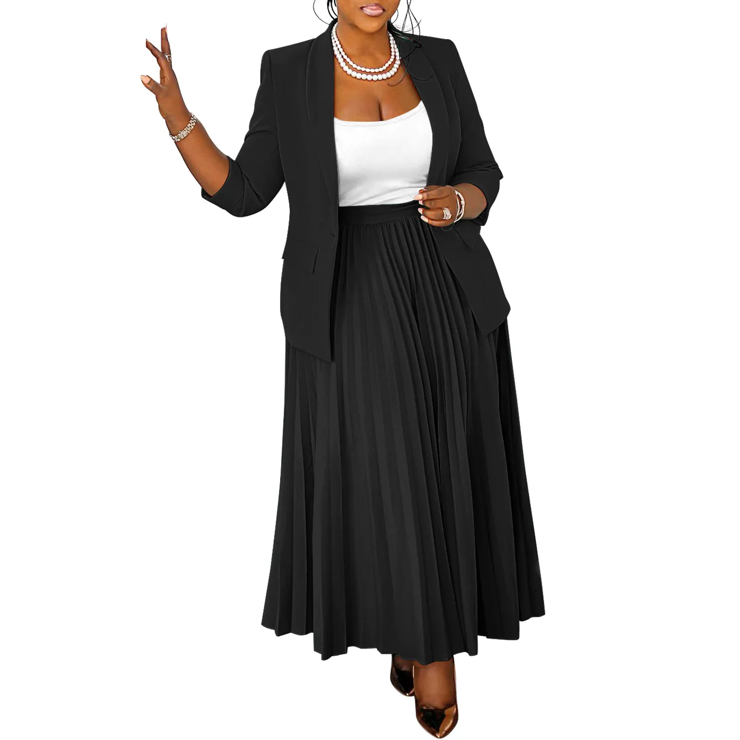 CM.YAYA Fashion Plus Size Women's Set Full Sleeve Blazer and Pleated Long Skirts 2024 Winter Two 2 Piece Set Outfits Tracksuit CM.YAYA Fashion Plus Size Women's Set Full Sleeve Blazer and Pleated Long Skirts 2024 Winter Two 2 Piece Set Outfits Tracksuit