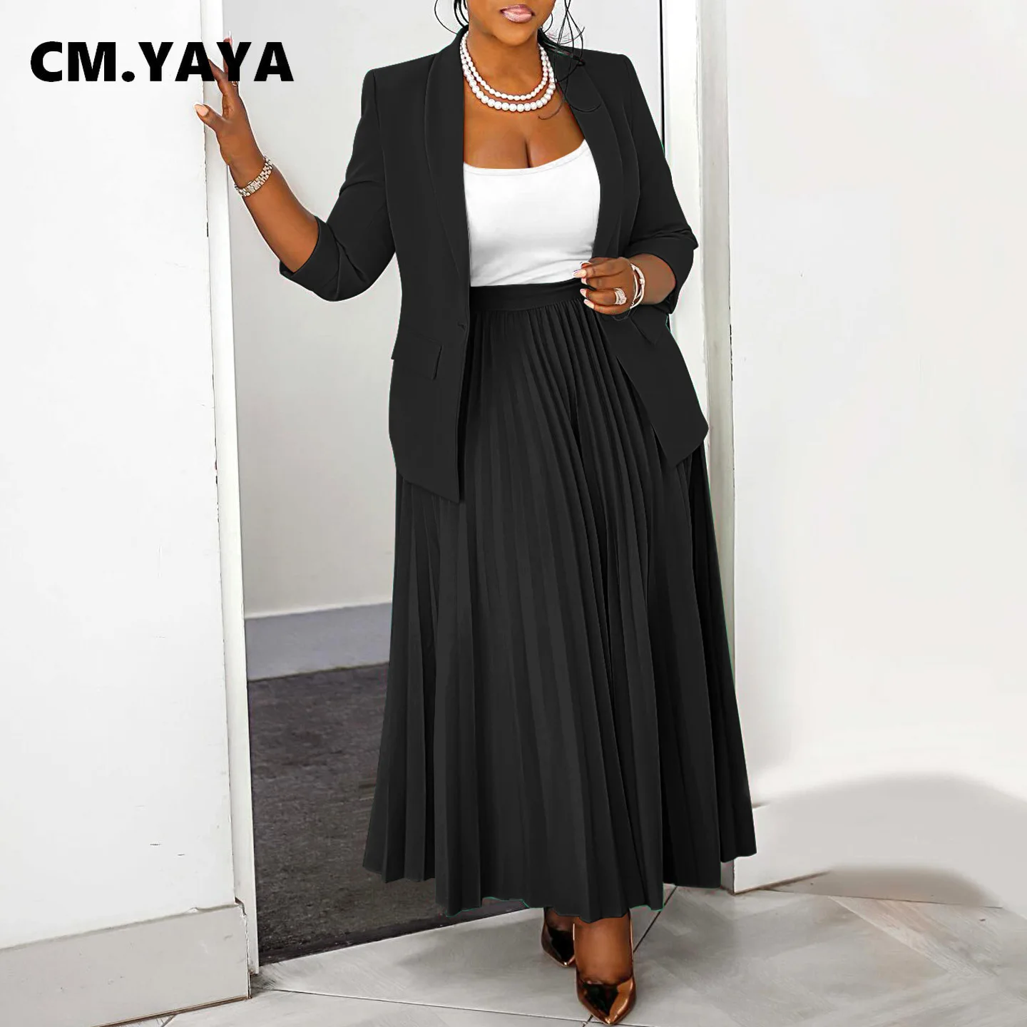 CM.YAYA Fashion Plus Size Women's Set Full Sleeve Blazer and Pleated Long Skirts 2024 Winter Two 2 Piece Set Outfits Tracksuit