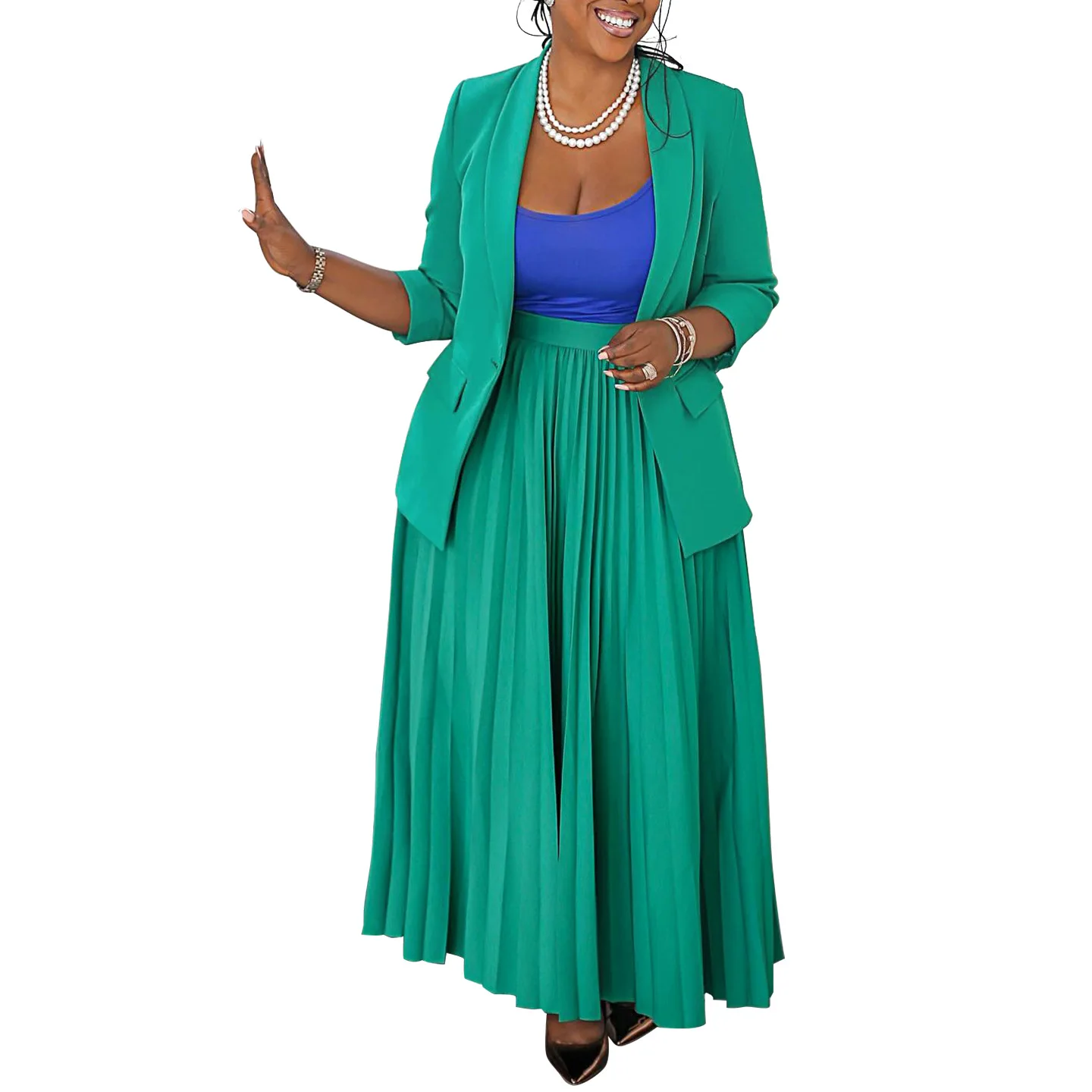 CM.YAYA Fashion Plus Size Women's Set Full Sleeve Blazer and Pleated Long Skirts 2024 Winter Two 2 Piece Set Outfits Tracksuit CM.YAYA Fashion Plus Size Women's Set Full Sleeve Blazer and Pleated Long Skirts 2024 Winter Two 2 Piece Set Outfits Tracksuit