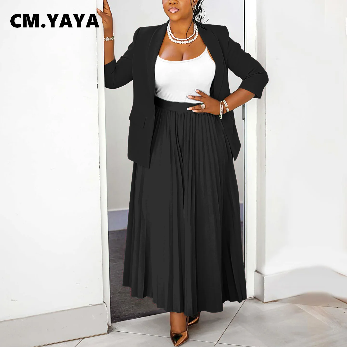 CM.YAYA Fashion Plus Size Women's Set Full Sleeve Blazer and Pleated Long Skirts 2024 Winter Two 2 Piece Set Outfits Tracksuit
