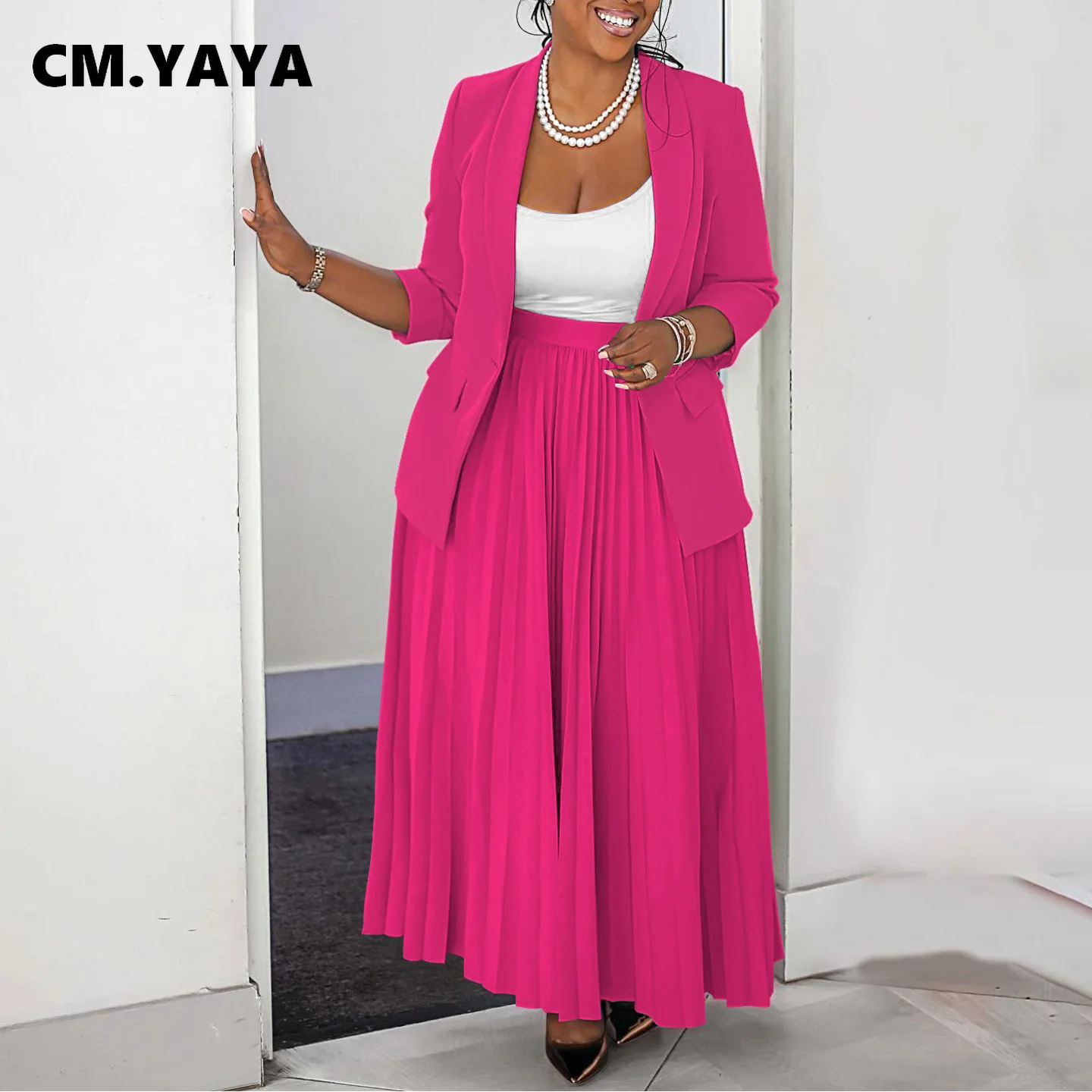 CM.YAYA Fashion Plus Size Women's Set Full Sleeve Blazer and Pleated Long Skirts 2024 Winter Two 2 Piece Set Outfits Tracksuit