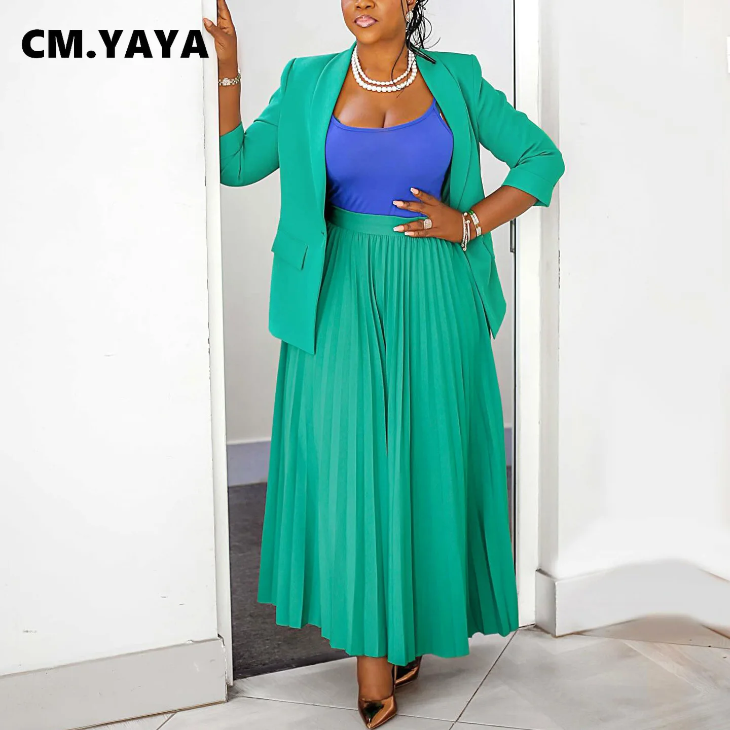 CM.YAYA Fashion Plus Size Women's Set Full Sleeve Blazer and Pleated Long Skirts 2024 Winter Two 2 Piece Set Outfits Tracksuit