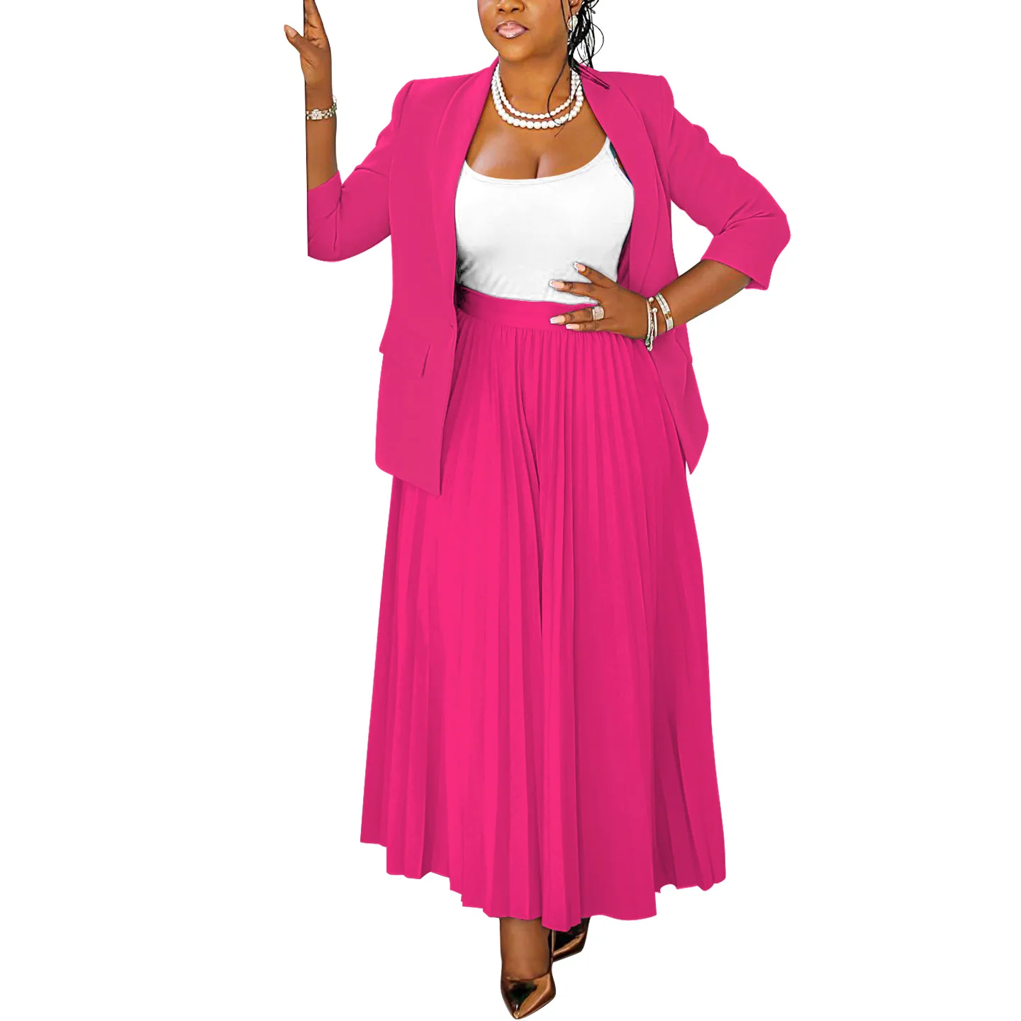 CM.YAYA Fashion Plus Size Women's Set Full Sleeve Blazer and Pleated Long Skirts 2024 Winter Two 2 Piece Set Outfits Tracksuit CM.YAYA Fashion Plus Size Women's Set Full Sleeve Blazer and Pleated Long Skirts 2024 Winter Two 2 Piece Set Outfits Tracksuit