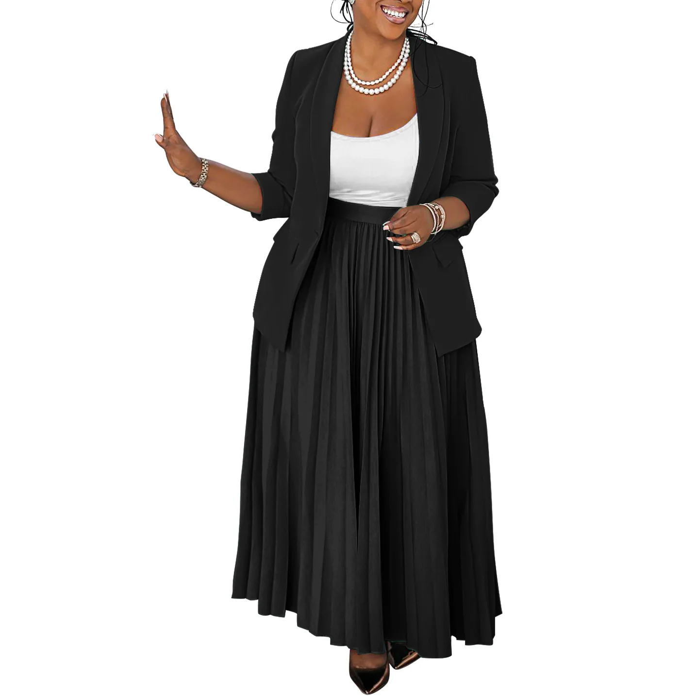 CM.YAYA Fashion Plus Size Women's Set Full Sleeve Blazer and Pleated Long Skirts 2024 Winter Two 2 Piece Set Outfits Tracksuit CM.YAYA Fashion Plus Size Women's Set Full Sleeve Blazer and Pleated Long Skirts 2024 Winter Two 2 Piece Set Outfits Tracksuit