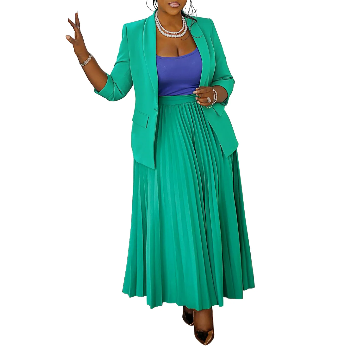 CM.YAYA Fashion Plus Size Women's Set Full Sleeve Blazer and Pleated Long Skirts 2024 Winter Two 2 Piece Set Outfits Tracksuit CM.YAYA Fashion Plus Size Women's Set Full Sleeve Blazer and Pleated Long Skirts 2024 Winter Two 2 Piece Set Outfits Tracksuit