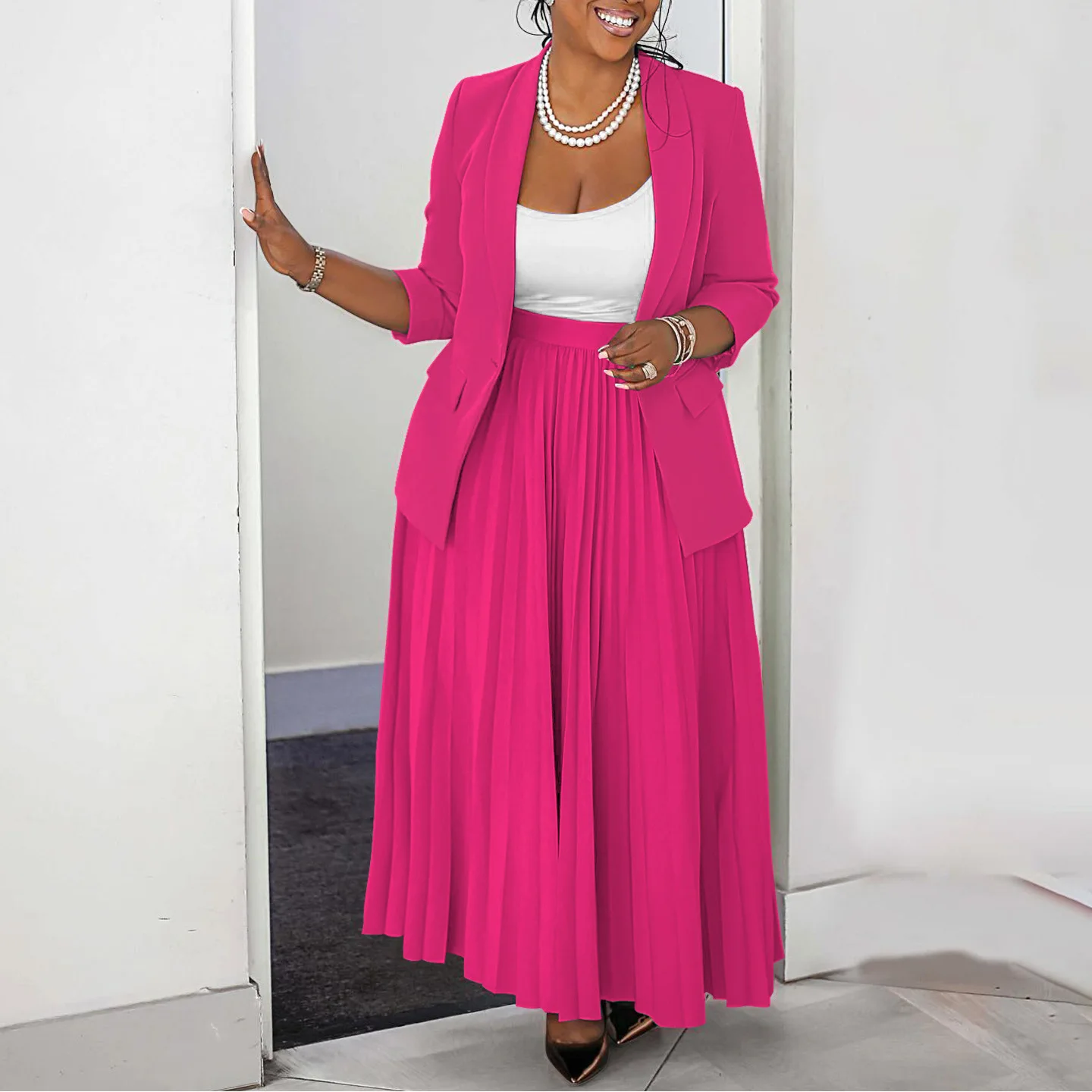 CM.YAYA Fashion Plus Size Women's Set Full Sleeve Blazer and Pleated Long Skirts 2024 Winter Two 2 Piece Set Outfits Tracksuit CM.YAYA Fashion Plus Size Women's Set Full Sleeve Blazer and Pleated Long Skirts 2024 Winter Two 2 Piece Set Outfits Tracksuit