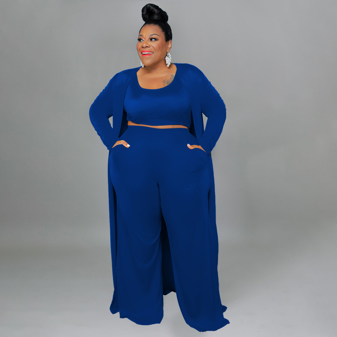 CM.YAYA Plus Size Women Straight Pants Suit + Long Open Stitch Clock + Tank Matching 3-piece Set Outftis Street Curve Tracksuit CM.YAYA Plus Size Women Straight Pants Suit + Long Open Stitch Clock + Tank Matching 3-piece Set Outftis Street Curve Tracksuit