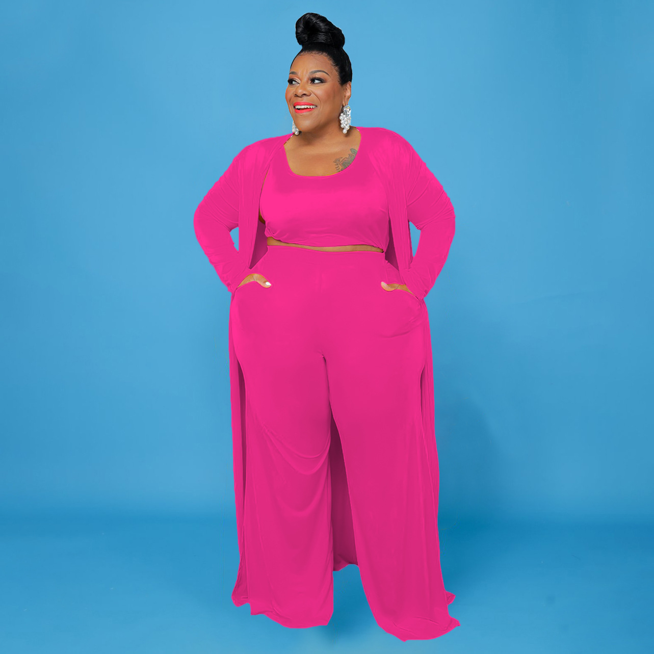 CM.YAYA Plus Size Women Straight Pants Suit + Long Open Stitch Clock + Tank Matching 3-piece Set Outftis Street Curve Tracksuit CM.YAYA Plus Size Women Straight Pants Suit + Long Open Stitch Clock + Tank Matching 3-piece Set Outftis Street Curve Tracksuit