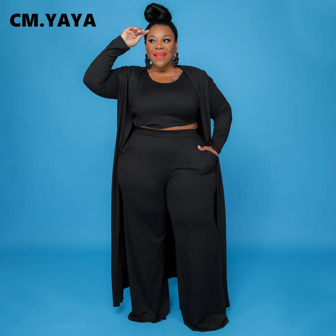 CM.YAYA Plus Size Women Straight Pants Suit + Long Open Stitch Clock + Tank Matching 3-piece Set Outftis Street Curve Tracksuit CM.YAYA Plus Size Women Straight Pants Suit + Long Open Stitch Clock + Tank Matching 3-piece Set Outftis Street Curve Tracksuit