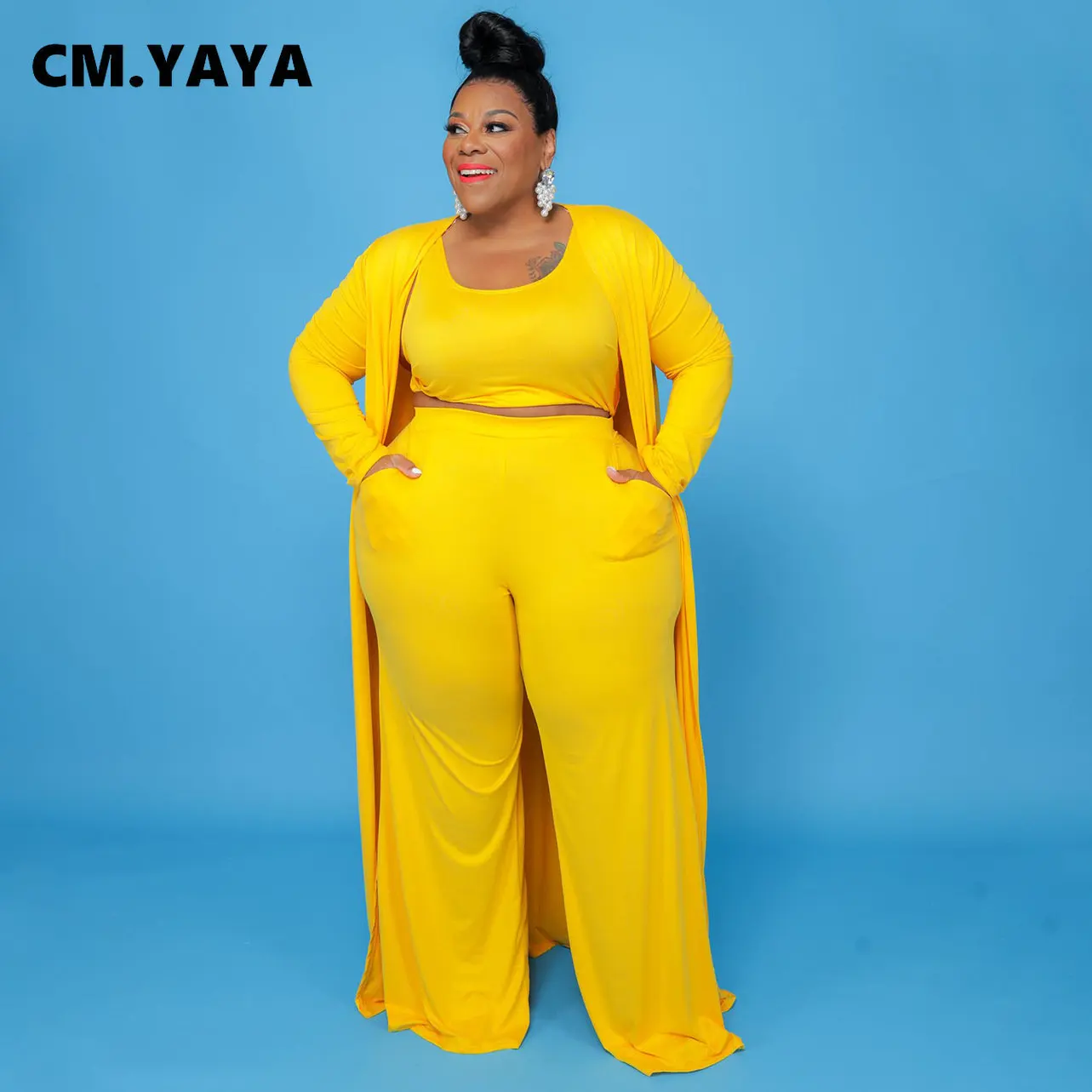 CM.YAYA Plus Size Women Straight Pants Suit + Long Open Stitch Clock + Tank Matching 3-piece Set Outftis Street Curve Tracksuit CM.YAYA Plus Size Women Straight Pants Suit + Long Open Stitch Clock + Tank Matching 3-piece Set Outftis Street Curve Tracksuit