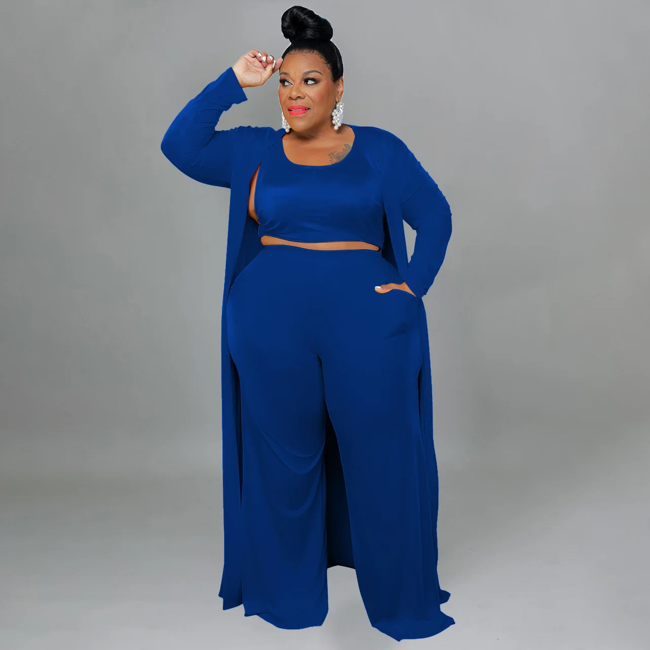CM.YAYA Plus Size Women Straight Pants Suit + Long Open Stitch Clock + Tank Matching 3-piece Set Outftis Street Curve Tracksuit CM.YAYA Plus Size Women Straight Pants Suit + Long Open Stitch Clock + Tank Matching 3-piece Set Outftis Street Curve Tracksuit