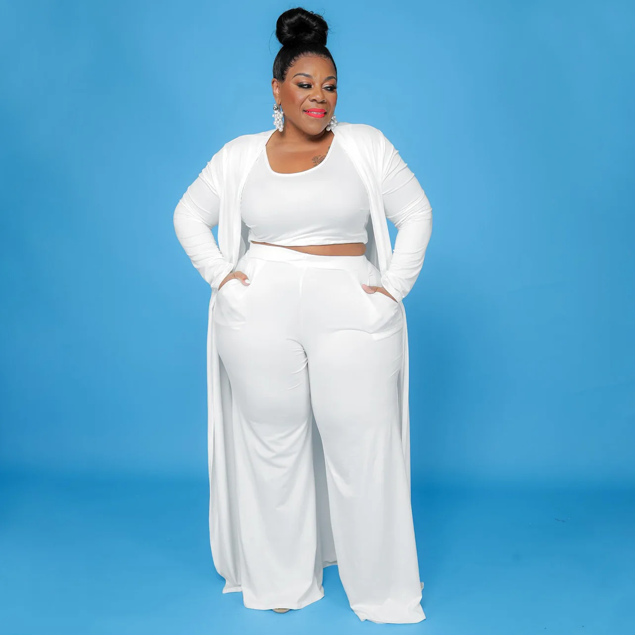 CM.YAYA Plus Size Women Straight Pants Suit + Long Open Stitch Clock + Tank Matching 3-piece Set Outftis Street Curve Tracksuit CM.YAYA Plus Size Women Straight Pants Suit + Long Open Stitch Clock + Tank Matching 3-piece Set Outftis Street Curve Tracksuit