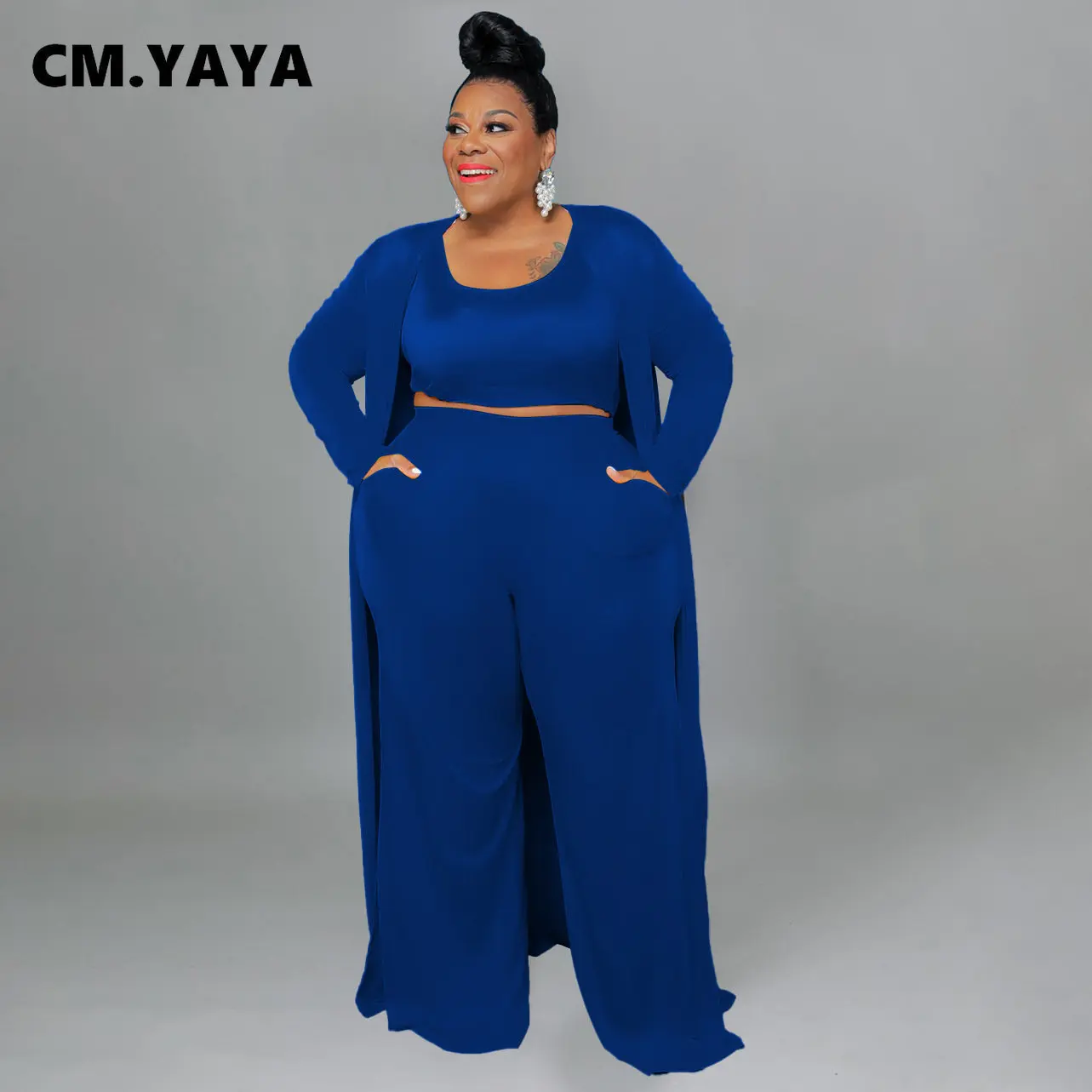 CM.YAYA Plus Size Women Straight Pants Suit + Long Open Stitch Clock + Tank Matching 3-piece Set Outftis Street Curve Tracksuit CM.YAYA Plus Size Women Straight Pants Suit + Long Open Stitch Clock + Tank Matching 3-piece Set Outftis Street Curve Tracksuit