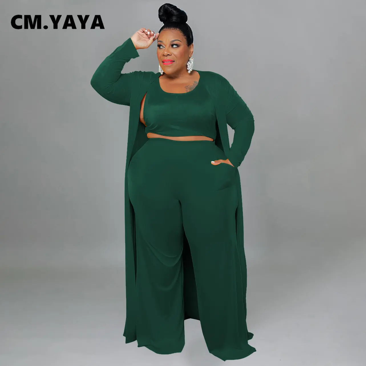 CM.YAYA Plus Size Women Straight Pants Suit + Long Open Stitch Clock + Tank Matching 3-piece Set Outftis Street Curve Tracksuit CM.YAYA Plus Size Women Straight Pants Suit + Long Open Stitch Clock + Tank Matching 3-piece Set Outftis Street Curve Tracksuit