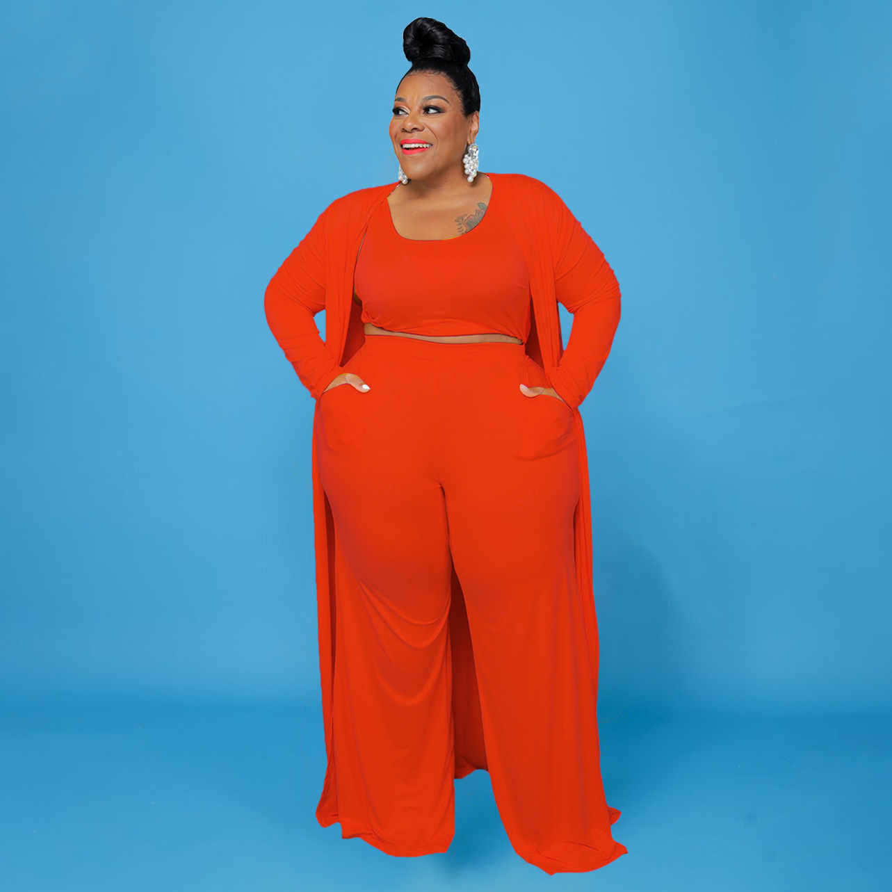 CM.YAYA Plus Size Women Straight Pants Suit + Long Open Stitch Clock + Tank Matching 3-piece Set Outftis Street Curve Tracksuit CM.YAYA Plus Size Women Straight Pants Suit + Long Open Stitch Clock + Tank Matching 3-piece Set Outftis Street Curve Tracksuit
