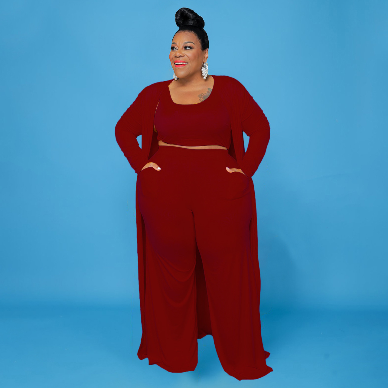 CM.YAYA Plus Size Women Straight Pants Suit + Long Open Stitch Clock + Tank Matching 3-piece Set Outftis Street Curve Tracksuit CM.YAYA Plus Size Women Straight Pants Suit + Long Open Stitch Clock + Tank Matching 3-piece Set Outftis Street Curve Tracksuit