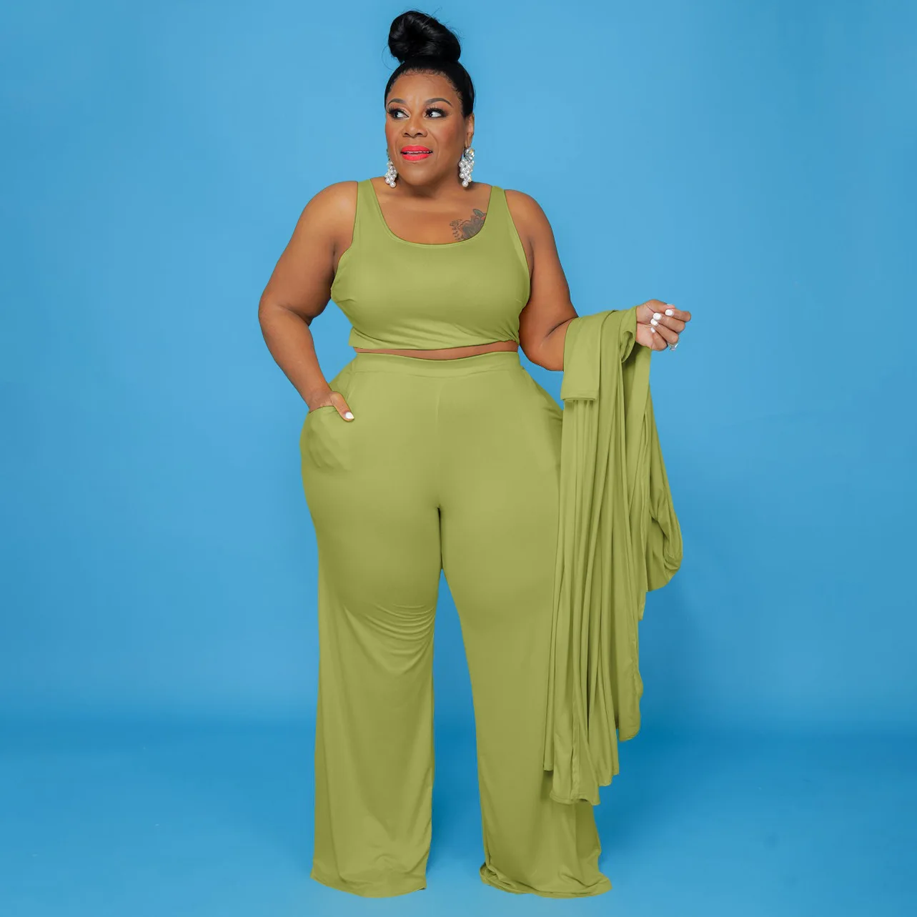 CM.YAYA Plus Size Women Straight Pants Suit + Long Open Stitch Clock + Tank Matching 3-piece Set Outftis Street Curve Tracksuit CM.YAYA Plus Size Women Straight Pants Suit + Long Open Stitch Clock + Tank Matching 3-piece Set Outftis Street Curve Tracksuit