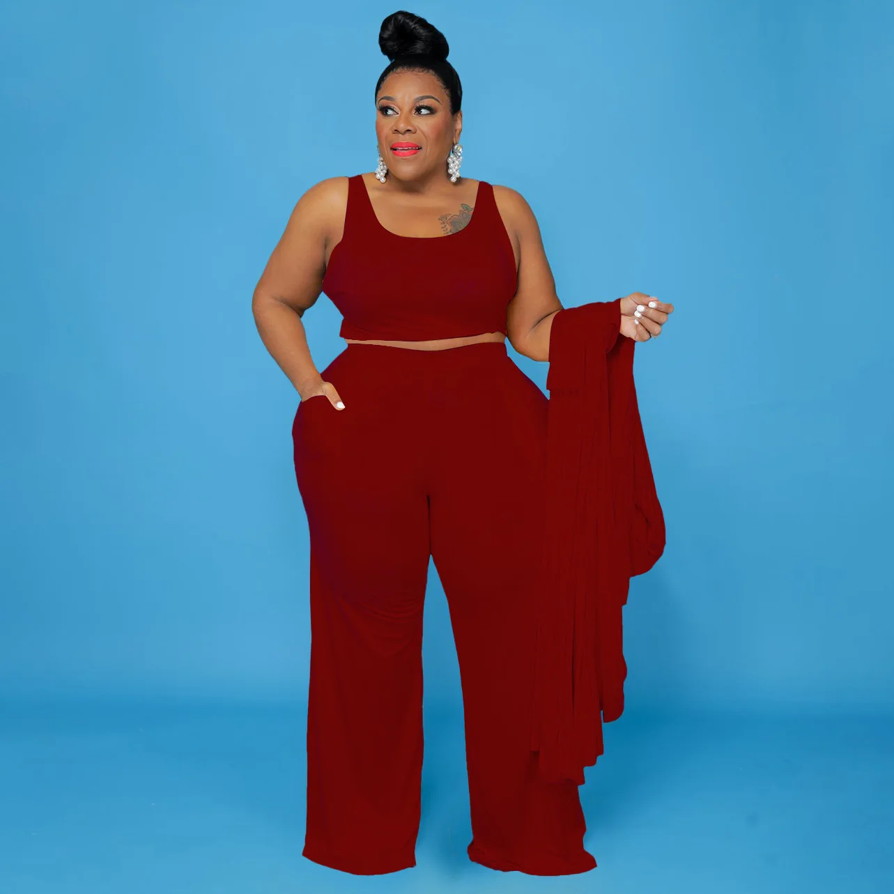 CM.YAYA Plus Size Women Straight Pants Suit + Long Open Stitch Clock + Tank Matching 3-piece Set Outftis Street Curve Tracksuit CM.YAYA Plus Size Women Straight Pants Suit + Long Open Stitch Clock + Tank Matching 3-piece Set Outftis Street Curve Tracksuit