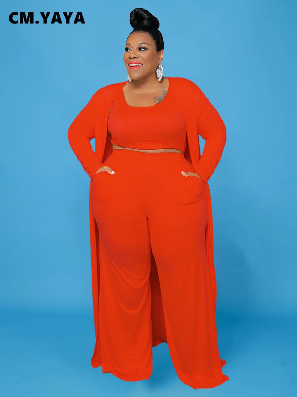 CM.YAYA Plus Size Women Straight Pants Suit + Long Open Stitch Clock + Tank Matching 3-piece Set Outftis Street Curve Tracksuit CM.YAYA Plus Size Women Straight Pants Suit + Long Open Stitch Clock + Tank Matching 3-piece Set Outftis Street Curve Tracksuit