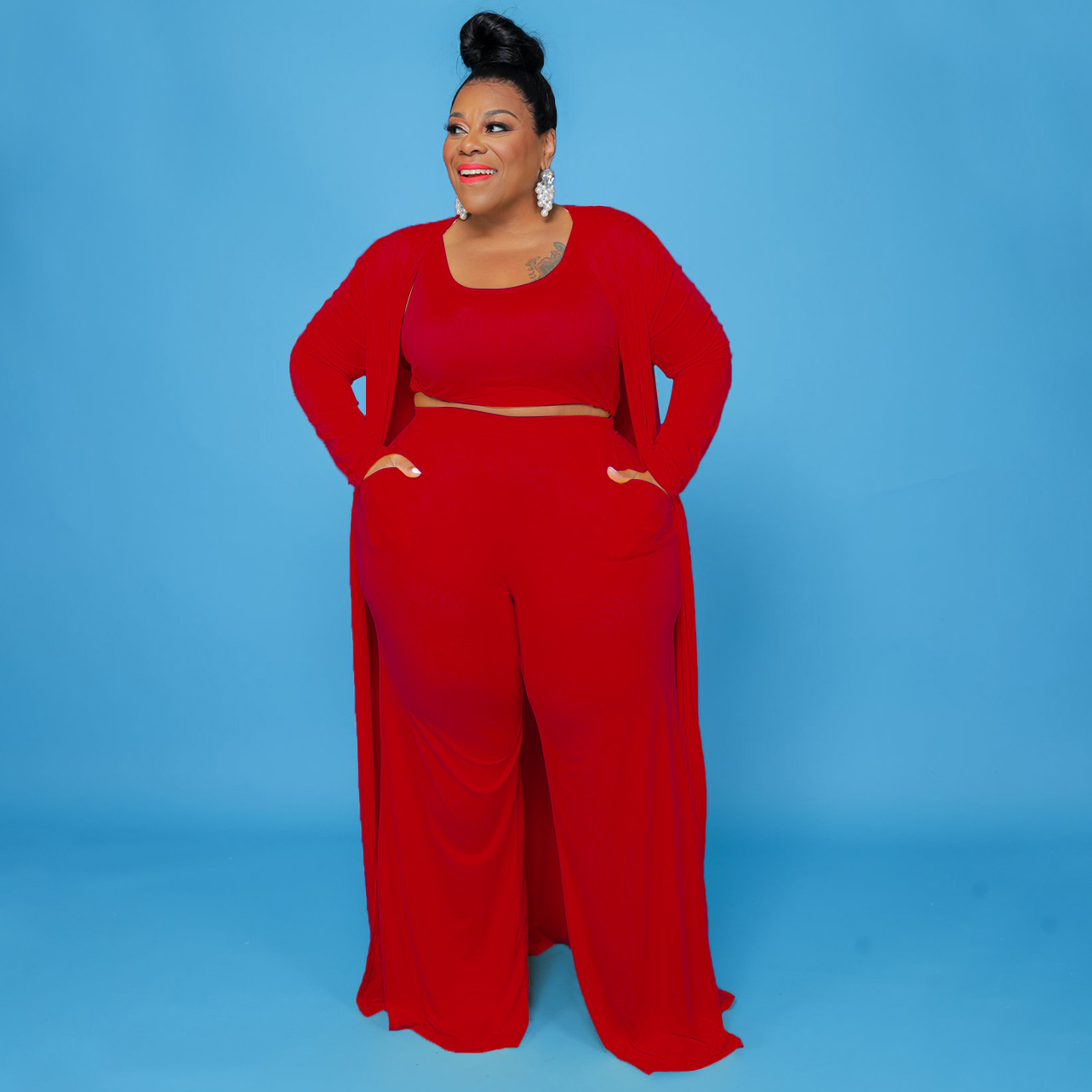 CM.YAYA Plus Size Women Straight Pants Suit + Long Open Stitch Clock + Tank Matching 3-piece Set Outftis Street Curve Tracksuit CM.YAYA Plus Size Women Straight Pants Suit + Long Open Stitch Clock + Tank Matching 3-piece Set Outftis Street Curve Tracksuit
