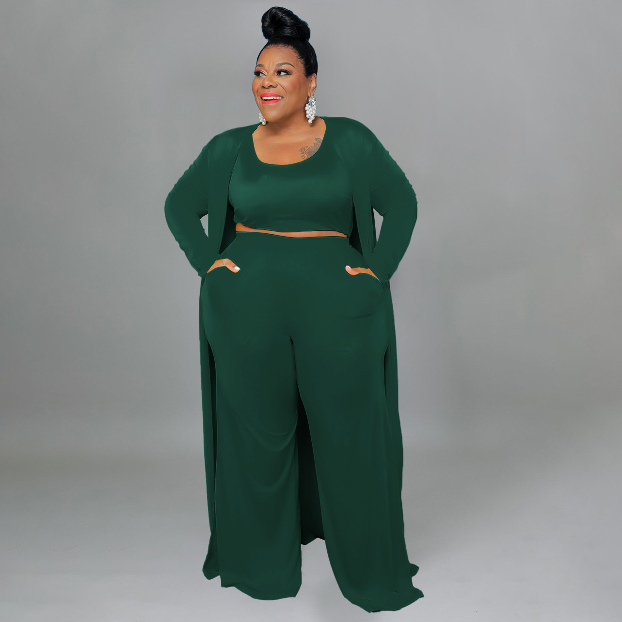 CM.YAYA Plus Size Women Straight Pants Suit + Long Open Stitch Clock + Tank Matching 3-piece Set Outftis Street Curve Tracksuit CM.YAYA Plus Size Women Straight Pants Suit + Long Open Stitch Clock + Tank Matching 3-piece Set Outftis Street Curve Tracksuit