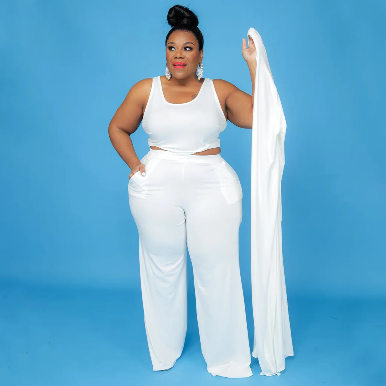 CM.YAYA Plus Size Women Straight Pants Suit + Long Open Stitch Clock + Tank Matching 3-piece Set Outftis Street Curve Tracksuit CM.YAYA Plus Size Women Straight Pants Suit + Long Open Stitch Clock + Tank Matching 3-piece Set Outftis Street Curve Tracksuit
