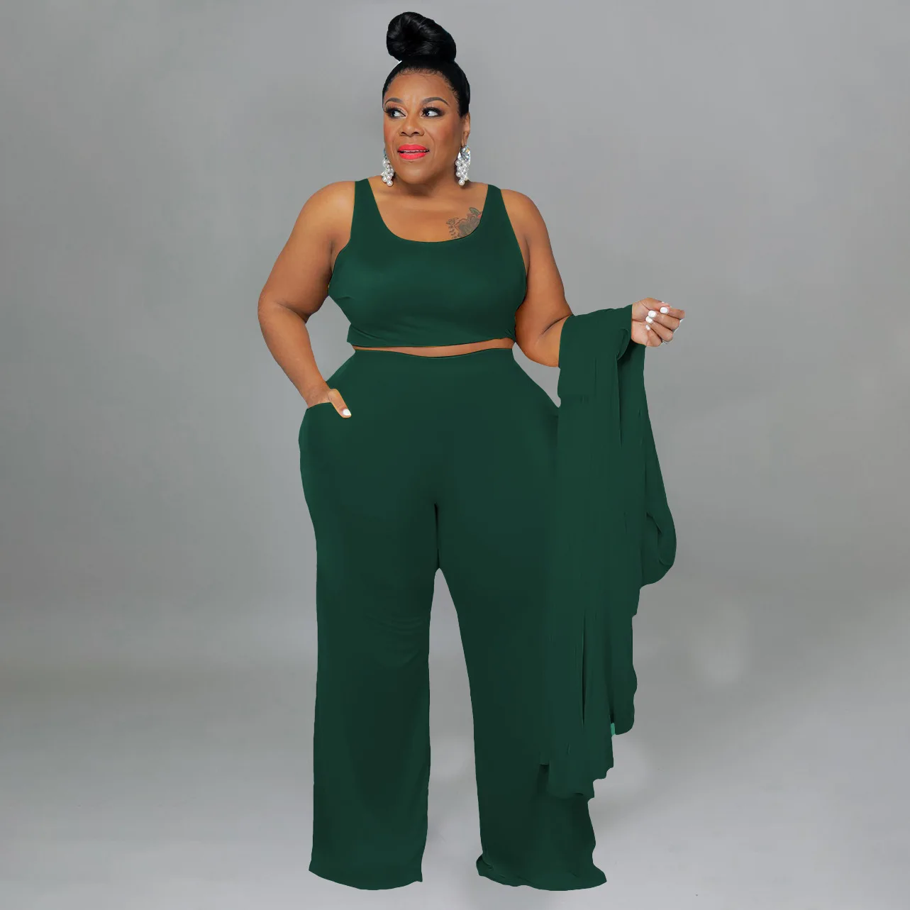 CM.YAYA Plus Size Women Straight Pants Suit + Long Open Stitch Clock + Tank Matching 3-piece Set Outftis Street Curve Tracksuit CM.YAYA Plus Size Women Straight Pants Suit + Long Open Stitch Clock + Tank Matching 3-piece Set Outftis Street Curve Tracksuit