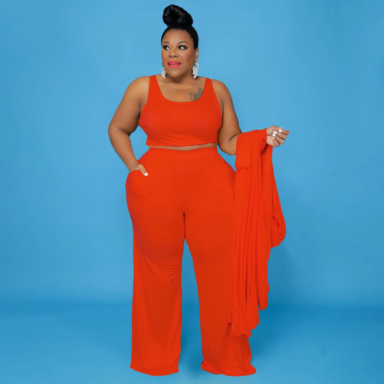 CM.YAYA Plus Size Women Straight Pants Suit + Long Open Stitch Clock + Tank Matching 3-piece Set Outftis Street Curve Tracksuit CM.YAYA Plus Size Women Straight Pants Suit + Long Open Stitch Clock + Tank Matching 3-piece Set Outftis Street Curve Tracksuit