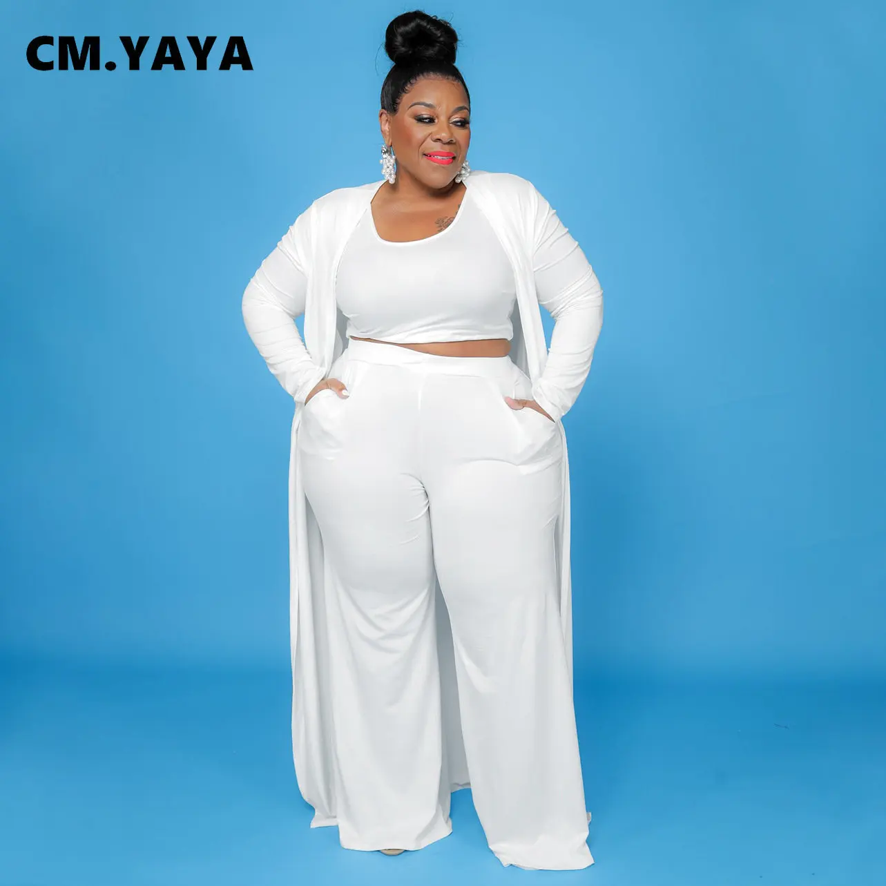 CM.YAYA Plus Size Women Straight Pants Suit + Long Open Stitch Clock + Tank Matching 3-piece Set Outftis Street Curve Tracksuit CM.YAYA Plus Size Women Straight Pants Suit + Long Open Stitch Clock + Tank Matching 3-piece Set Outftis Street Curve Tracksuit